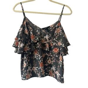 Forever 21 Grey Floral Cold Shoulder Ruffle Sleeveless Blouse Size Medium